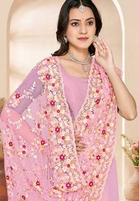 Pink heavy resham sequin embroidered work net saree sari for women 2