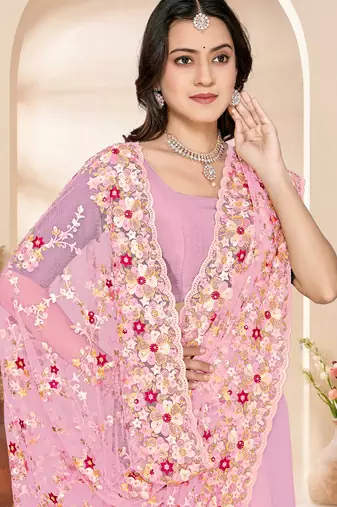Pink heavy resham sequin embroidered work net saree sari for women