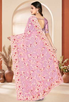 Pink heavy resham sequin embroidered work net saree sari for women 3