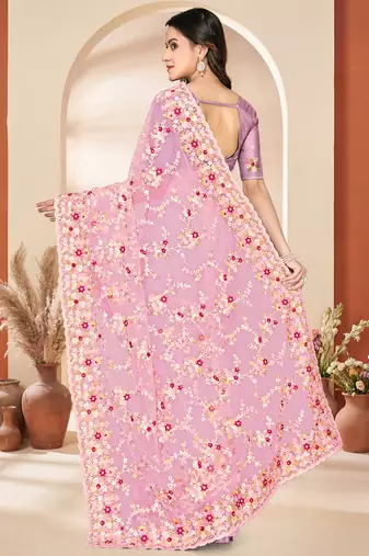 Pink heavy resham sequin embroidered work net saree sari for women