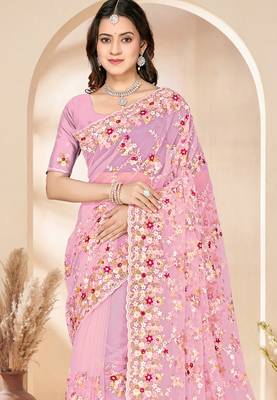 Pink heavy resham sequin embroidered work net saree sari for women 4