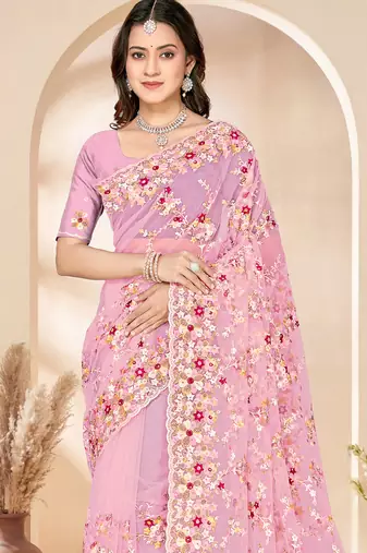 Pink heavy resham sequin embroidered work net saree sari for women