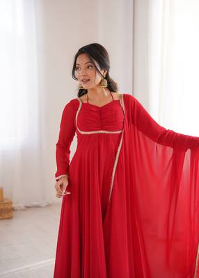 red faux georgette yoke embroidery gown 2