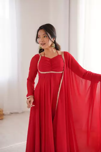 red faux georgette yoke embroidery gown