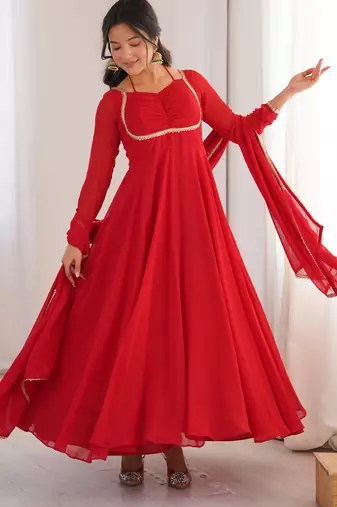 red faux georgette yoke embroidery gown