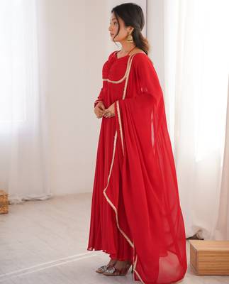 red faux georgette yoke embroidery gown 4