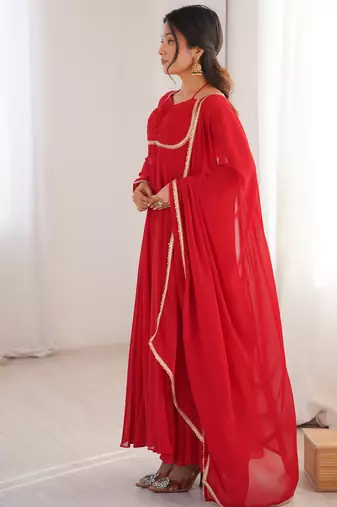 red faux georgette yoke embroidery gown
