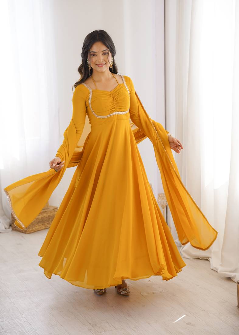 Yellow Color Faux Georgette Designer Yoke Work Party Wear Gown