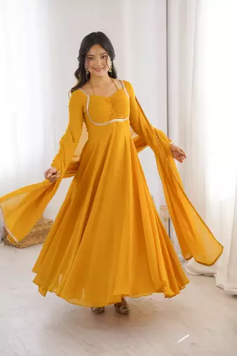 Yellow Color Faux Georgette Designer Yoke Work Party Wear Gown