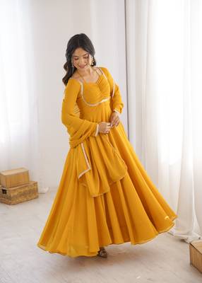yellow faux georgette yoke embroidery gown 2