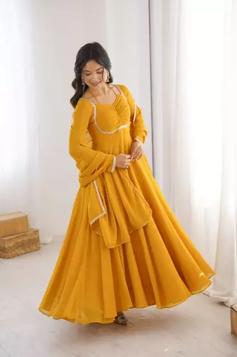 yellow faux georgette yoke embroidery gown