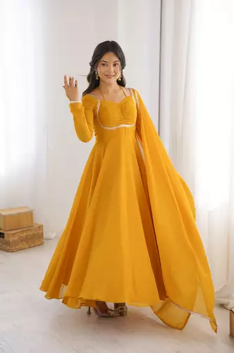 yellow faux georgette yoke embroidery gown