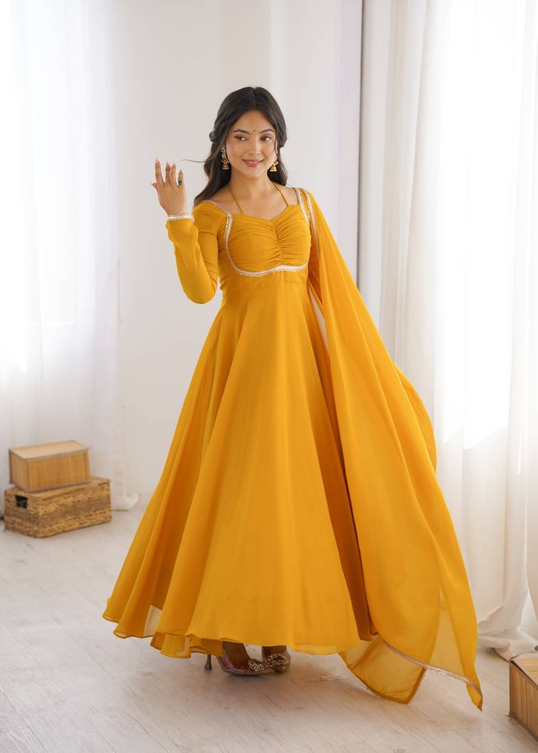 Yellow Color Faux Georgette Designer Yoke Work Party Wear Gown