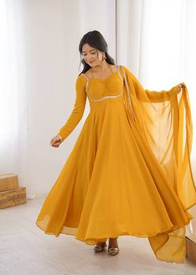 yellow faux georgette yoke embroidery gown 4