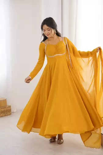 yellow faux georgette yoke embroidery gown