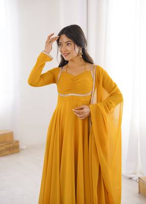 yellow faux georgette yoke embroidery gown 5