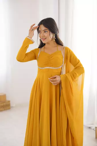 yellow faux georgette yoke embroidery gown