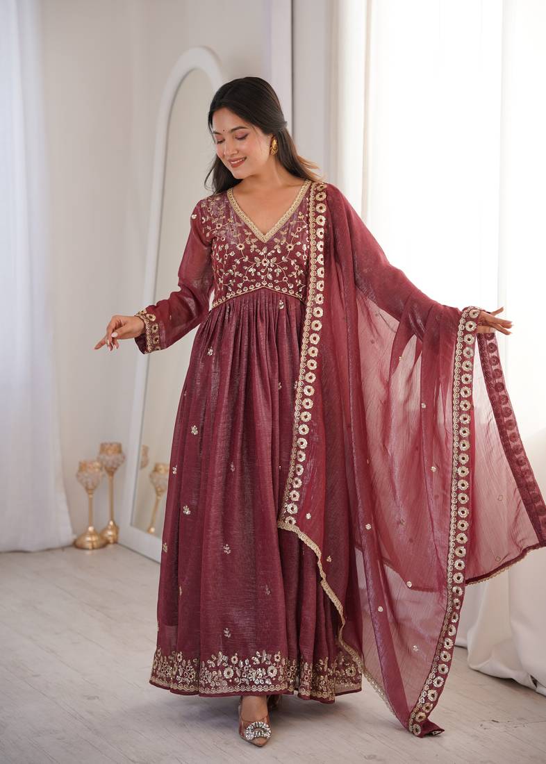 Brown Color Crunchy Silk Designer Embroidery Work Wedding Wear Gown 