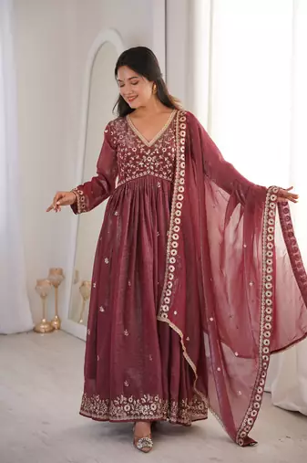 Brown Color Crunchy Silk Designer Embroidery Work Wedding Wear Gown 