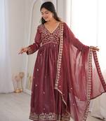 Brown Color Crunchy Silk Designer Embroidery Work Wedding Wear Gown 