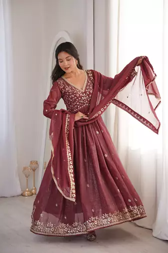 brown crunchy silk embroidered wedding gown