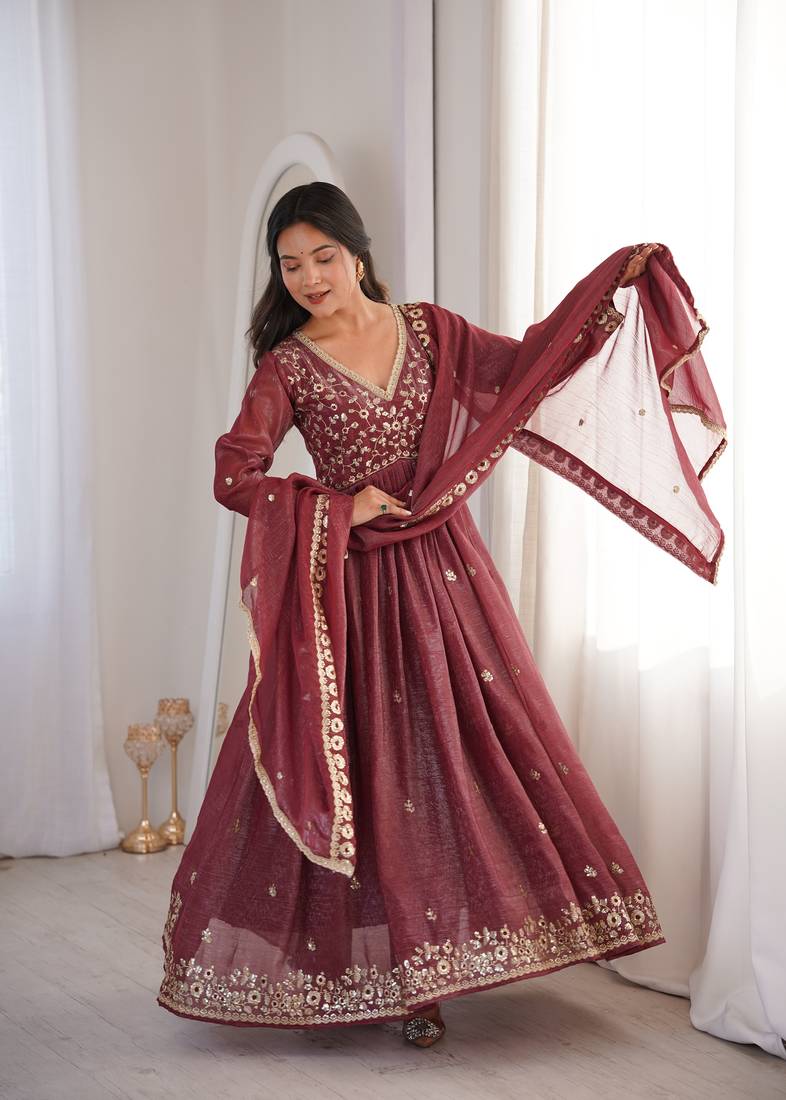 Brown Color Crunchy Silk Designer Embroidery Work Wedding Wear Gown 