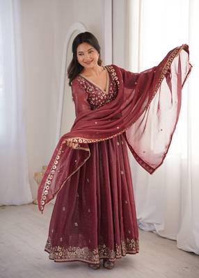 brown crunchy silk embroidered wedding gown 3