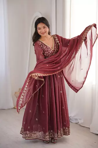 brown crunchy silk embroidered wedding gown