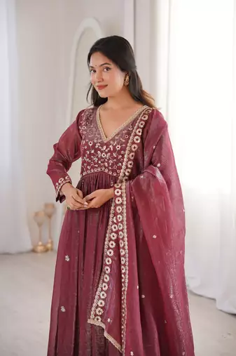 brown crunchy silk embroidered wedding gown