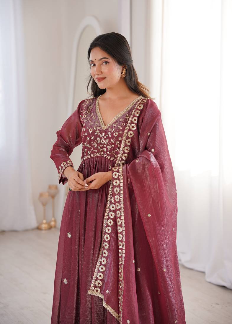 Brown Color Crunchy Silk Designer Embroidery Work Wedding Wear Gown 