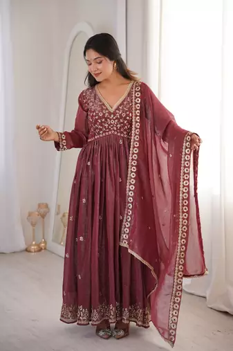 brown crunchy silk embroidered wedding gown