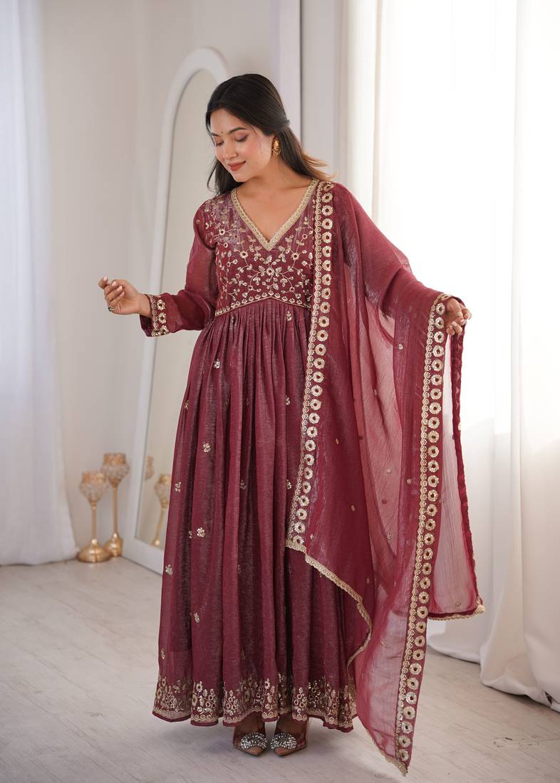 Brown Color Crunchy Silk Designer Embroidery Work Wedding Wear Gown 