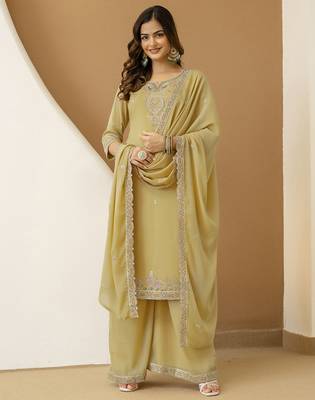 yellow georgette kurta palazzo with multi thread work 1
