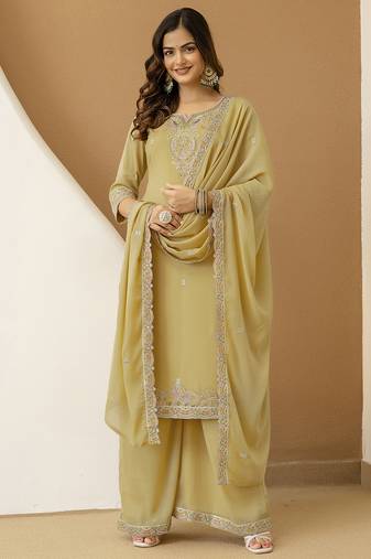 Yellow Georgettte Multi Thread Embroidery sequence Work Kurta Palazzo With Dupatta