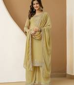 Yellow Georgettte Multi Thread Embroidery sequence Work Kurta Palazzo With Dupatta