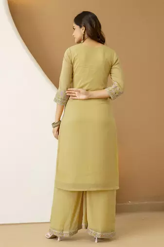 yellow georgette kurta palazzo with multi thread work