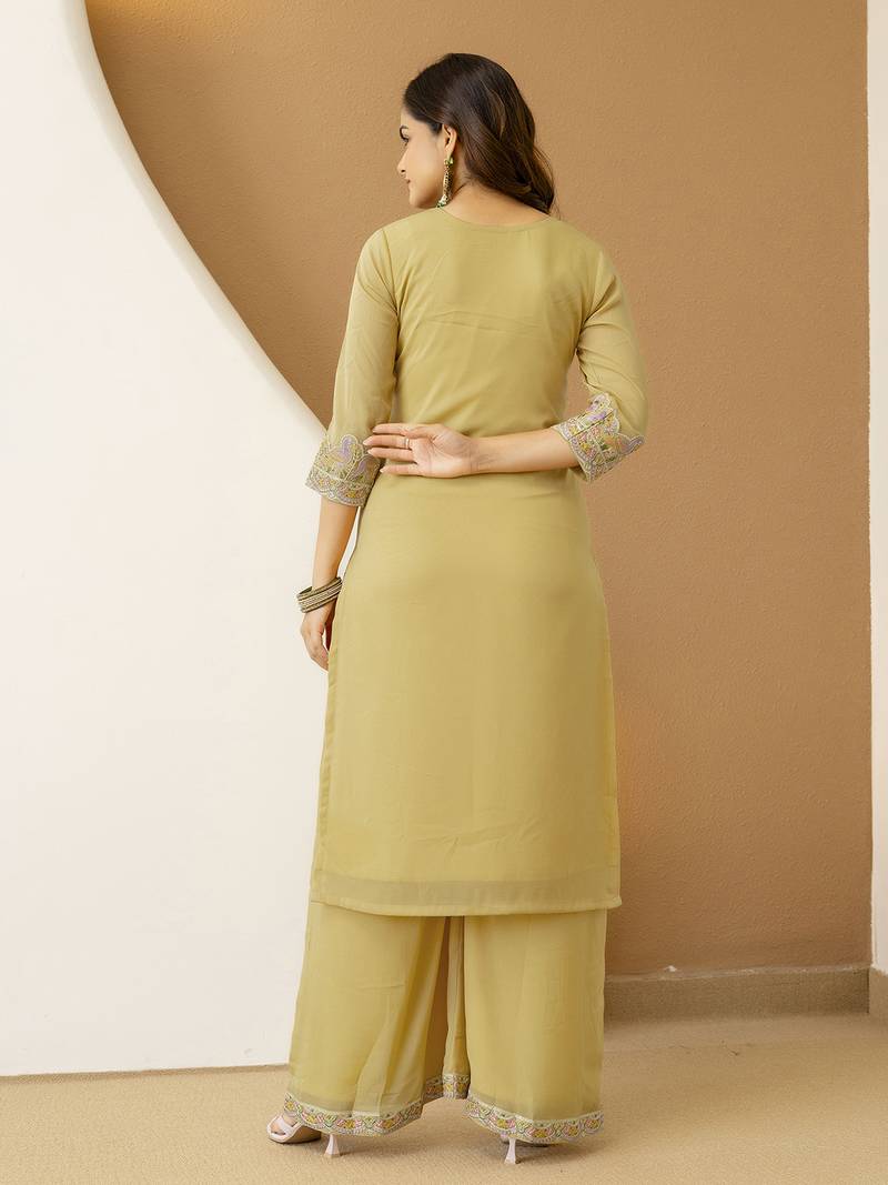 Yellow Georgettte Multi Thread Embroidery sequence Work Kurta Palazzo With Dupatta