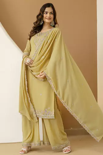 yellow georgette kurta palazzo with multi thread work