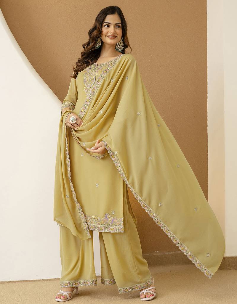 Yellow Georgettte Multi Thread Embroidery sequence Work Kurta Palazzo With Dupatta