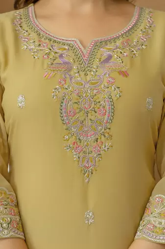 yellow georgette kurta palazzo with multi thread work