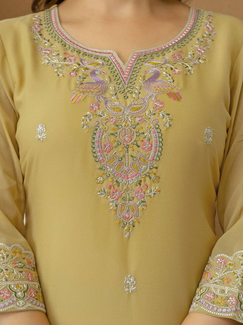 Yellow Georgettte Multi Thread Embroidery sequence Work Kurta Palazzo With Dupatta