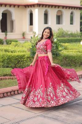 pink georgette lehenga choli with gold zari and sequins embroidery 1