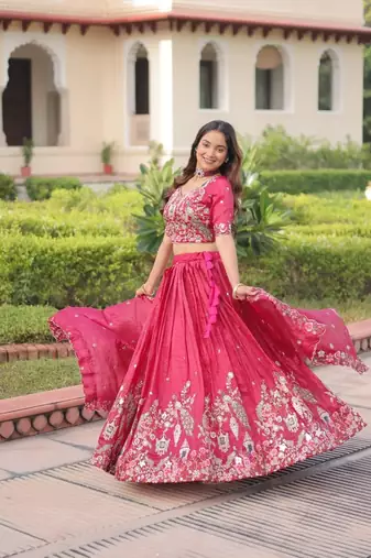 pink georgette lehenga choli with gold zari and sequins embroidery