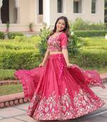 pink georgette lehenga choli with gold zari and sequins embroidery