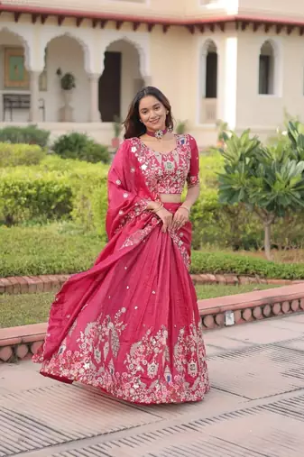 pink georgette lehenga choli with gold zari and sequins embroidery