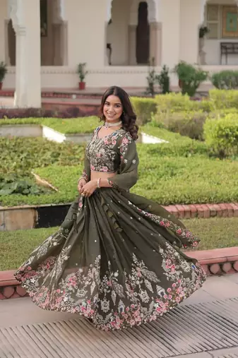 Green Embroidered Gold Crush with Sequins Zari Work Lehenga Choli