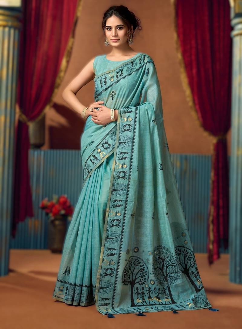Blue new catalogue launch by gobuni – modal warli work saree with pumpum