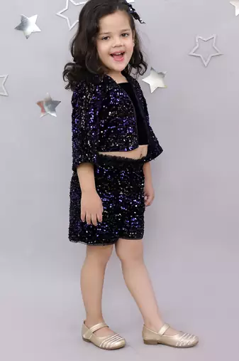 Blue embroidered velvet co ord set