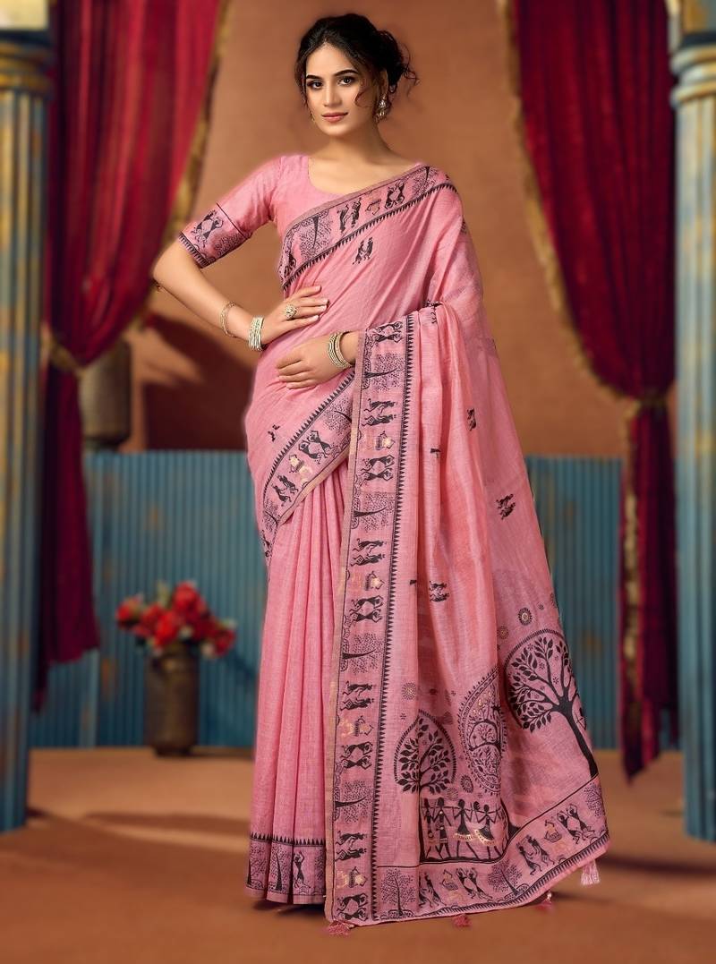 Pink new catalogue launch by gobuni – modal warli work saree with pumpum