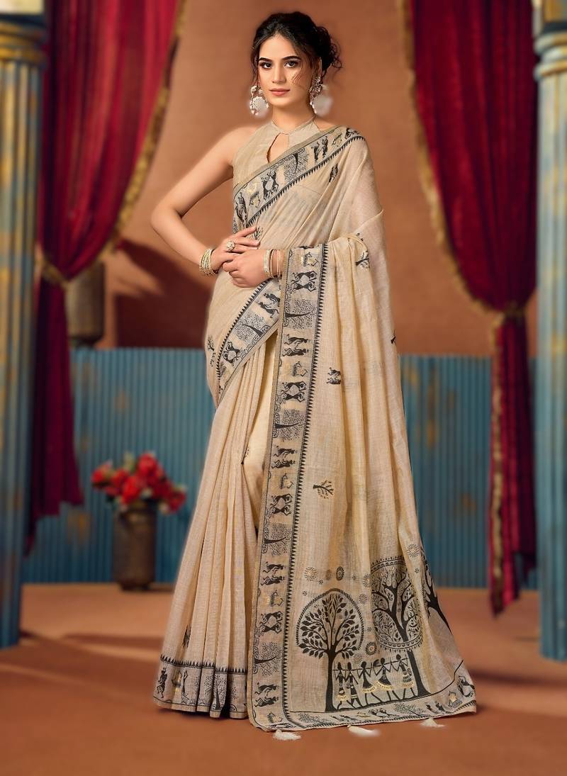 Cream new catalogue launch by gobuni – modal warli work saree with pumpum